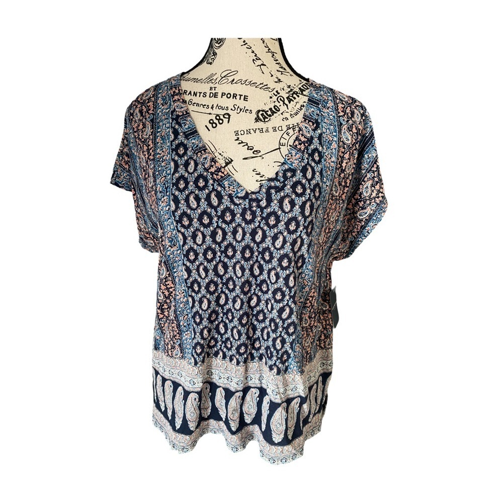 Lucky Brand V-Neck Navy Gray Boho Cap Sleeve Paisley Top NWT Size S